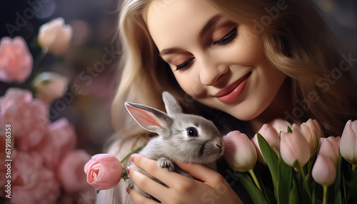 Woman holding cute rabbit in hands and tulips, easter concept
