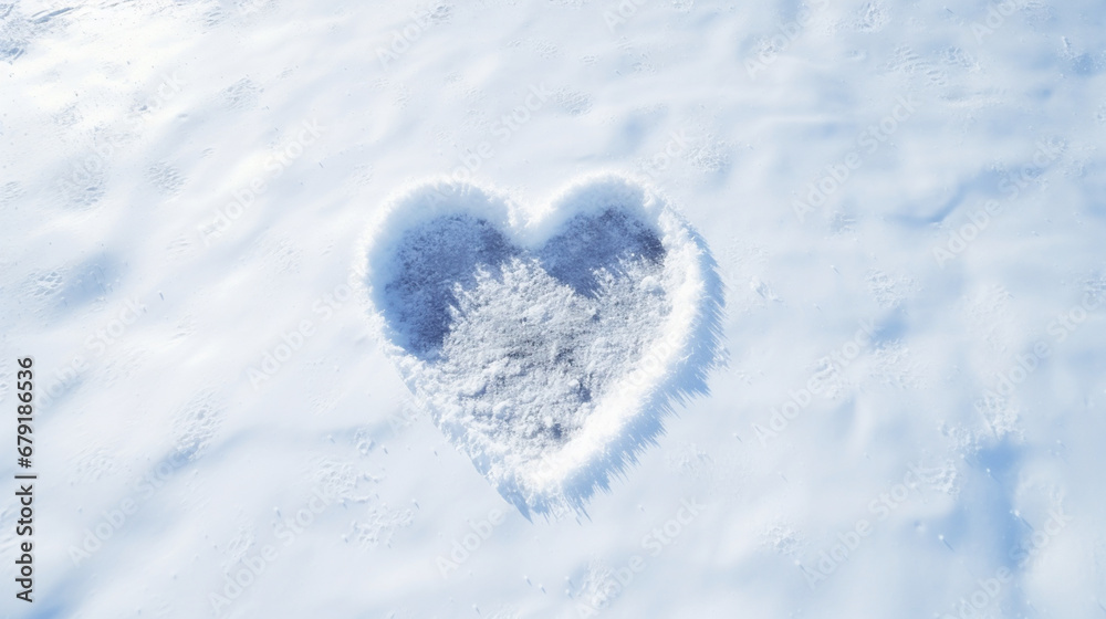 overhead view of heart drawn in pure white fresh snow