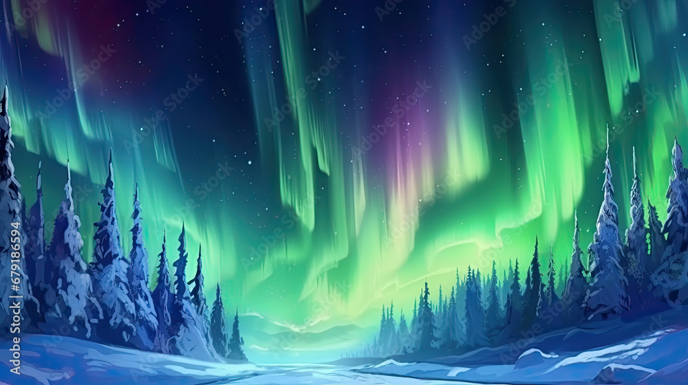 Above frost-covered mountain woods northern lights of aurora borealis cast their ethereal glow