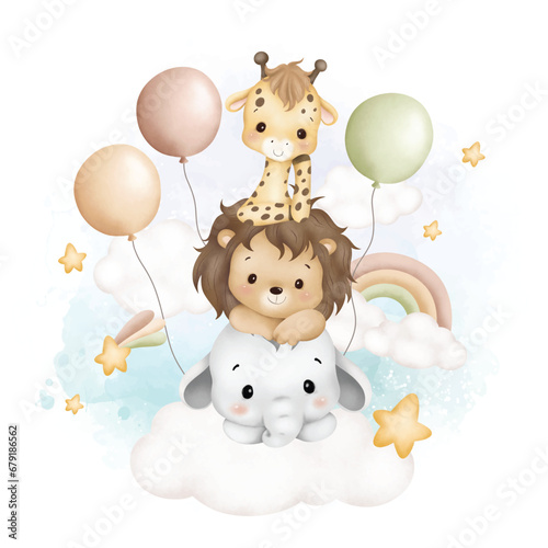 Watercolor Illustration cute baby animals on cloud with balloons and stars