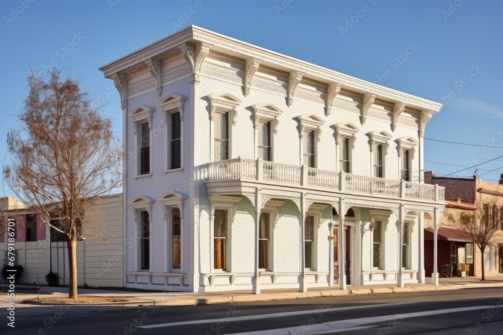 italianate style building with white deep eaves against a clear sky