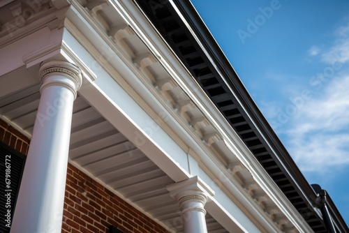 focus on the deep eaves on a brick italianate building