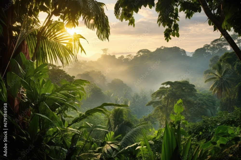 a lush jungle landscape at dawn