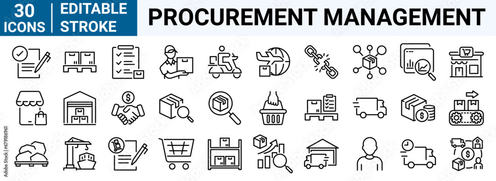set of 30 line web icons related delivery and logistics. Supply chain, value chain, Procurement management, commerce . Editable stroke.