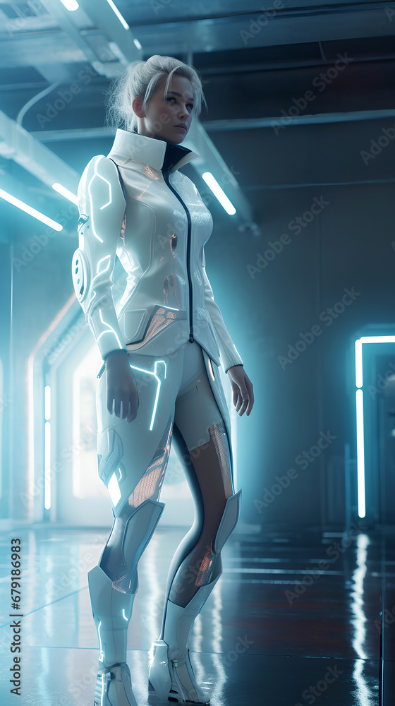 Young woman in futuristic costume indoors on neon light background. Fashion of future concept.