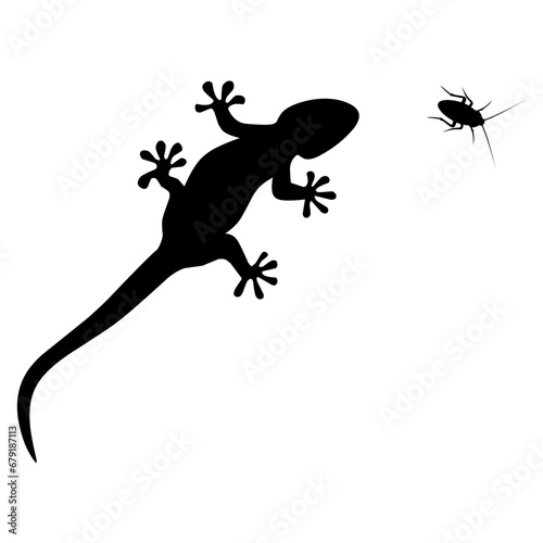 Vector silhouette of a lizard about to eat a cockroach on a white background. Suitable for insect logos. © Agussetiawan99