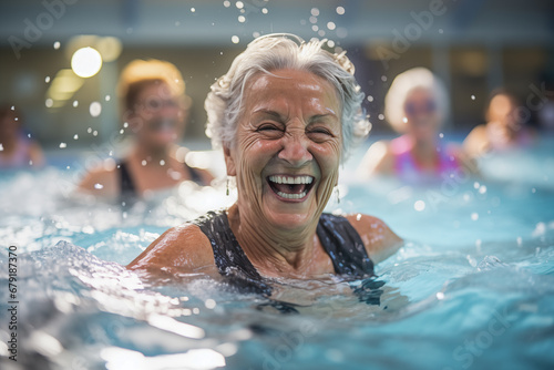 An elderly woman smiles and enjoys water gymnastics. © Simon