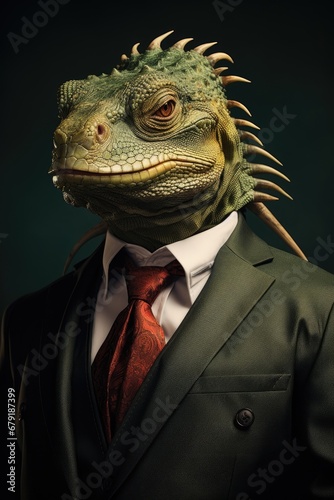 Lizard dressed in an elegant modern suit. Portrait of an iguana in a suit and tie on a dark background  ai generative