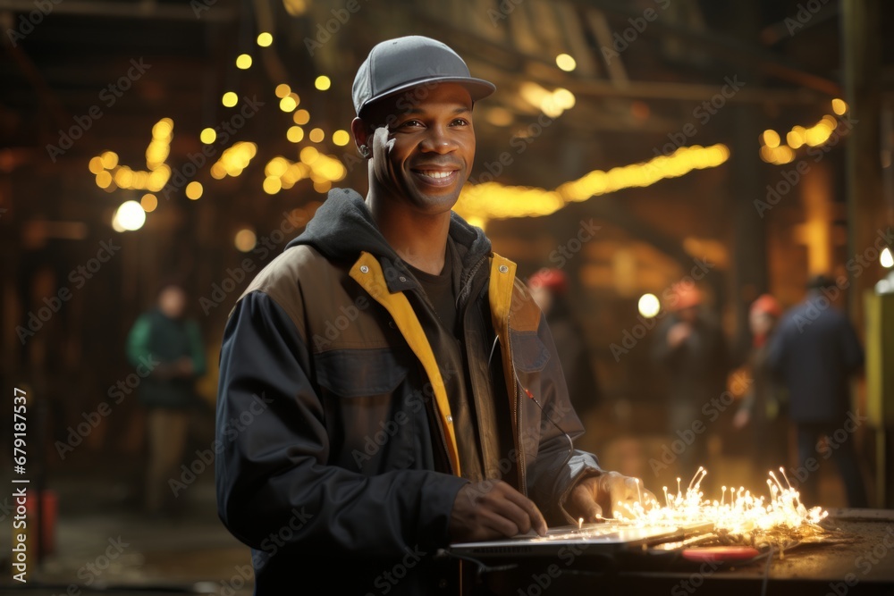 Professional Factory Worker Using Laptop for Efficient Maintenance Tasks at Oil Refinery Facility Professional Factory Worker Using Laptop for Efficient Maintenance Tasks at Oil Refinery Facility