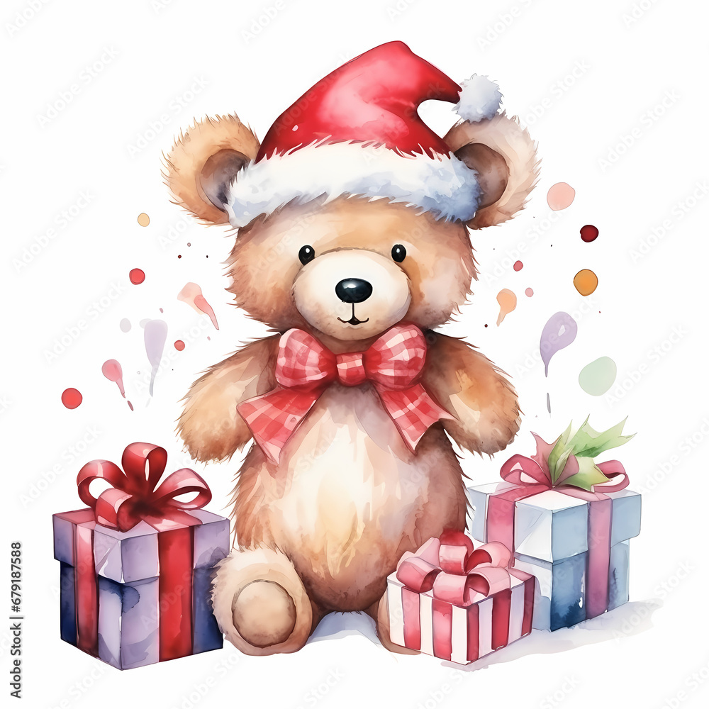 Cute Christmas bear toy with gifts. Watercolor illustration.
