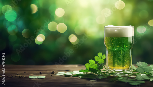 Glass of beer with foam on green background, concept St.Patrick 's Day