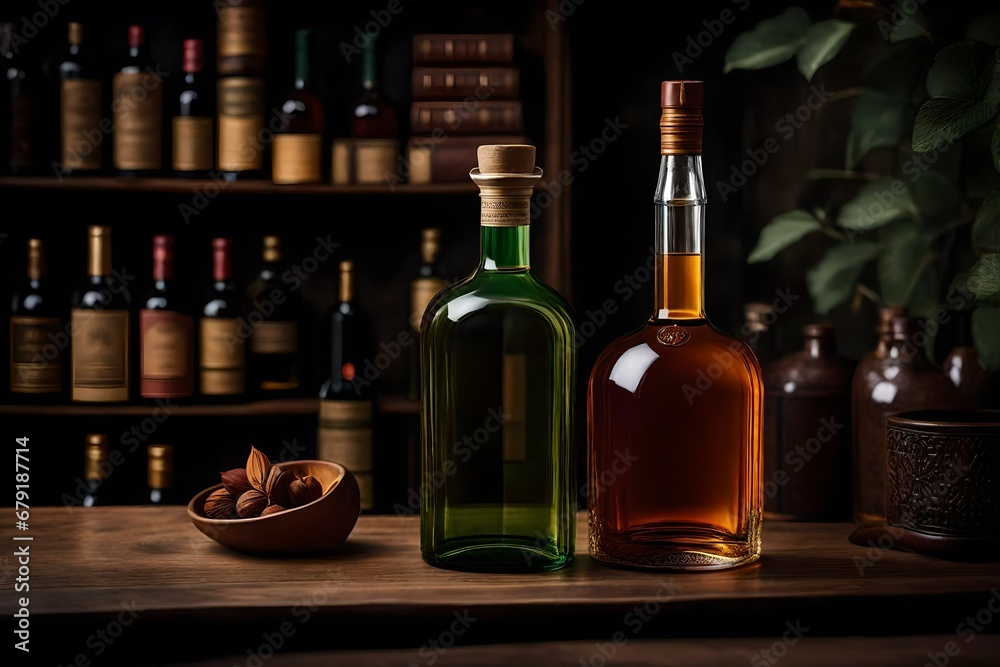 alcohol bottles collection in old and dark wooden room