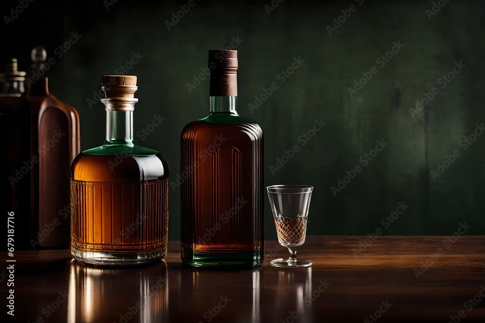 alcohol bottles collection in old and dark wooden room alcohol bottles collection in old and dark wooden room