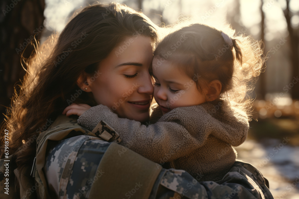 Obraz premium A strong soldier woman. A soldier mother returning home and embracing her child.
