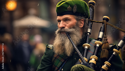 Man playing a musical wind instrument, concept St.Patrick 's Day photo
