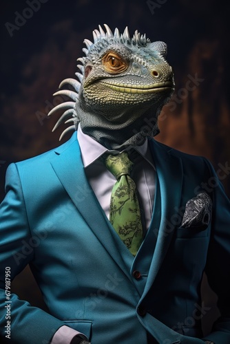 Iguana dressed in an elegant modern suit. Portrait of an iguana in a suit and tie on a dark background, ai generative