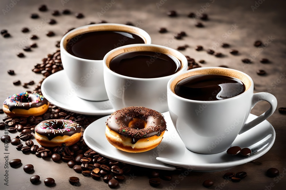 Coffee time - two cups of Caffe Americano with small chocolate donuts