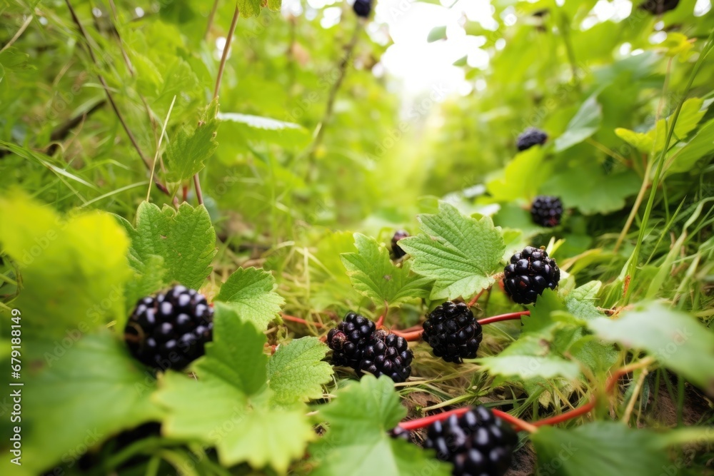ripe blackberries amidst green meadow undergrowth ripe blackberries amidst green meadow undergrowth