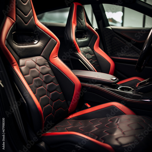 Fotografia con detalle y textura de asientos delanteros deportivos, con combinación de tapiceria en rojo y negro