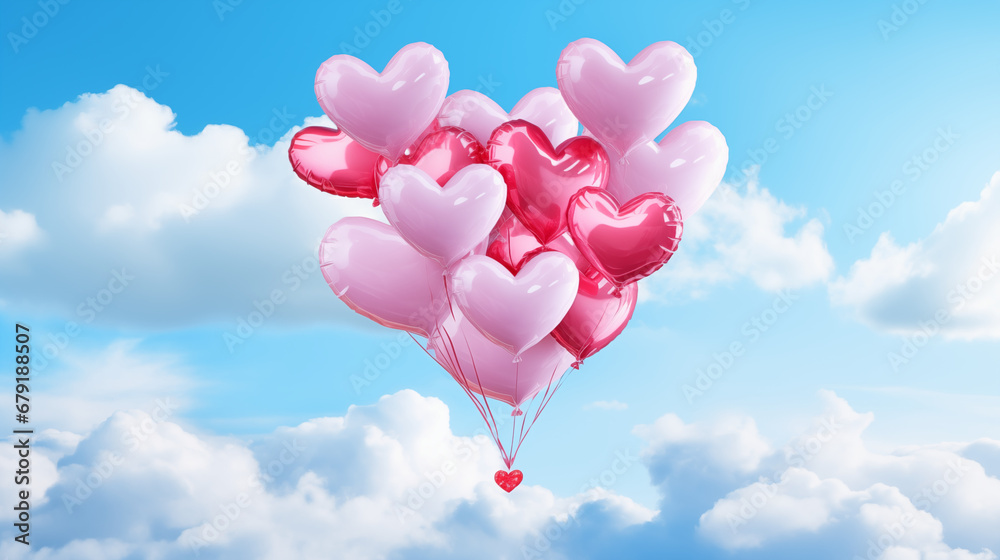 Pink and red heart shaped foiled balloons floatingin the sky Pink and red heart shaped foiled balloons floatingin the sky