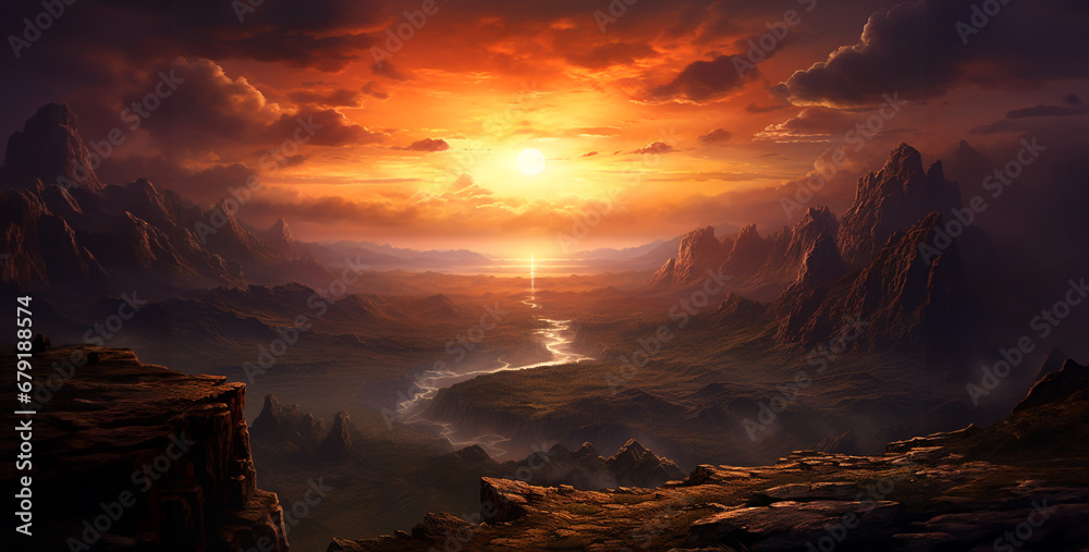 a rugged yet beautiful landscape that depicts the end, sunset in the mountains. Generative Ai content