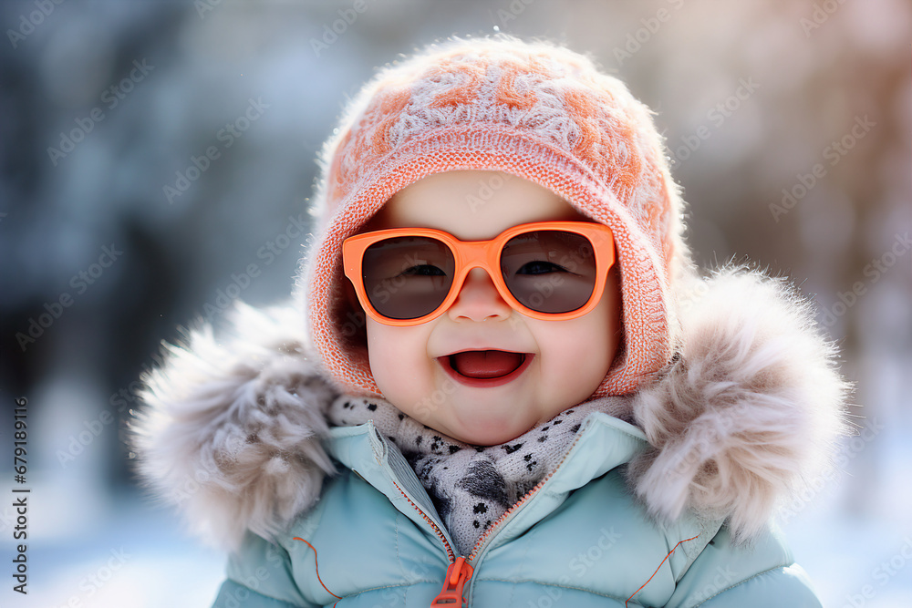 Generative AI portrait of beautiful adorable positive child walking frosty sunny snowy cold winter day outdoors Generative AI portrait of beautiful adorable positive child walking frosty sunny snowy cold winter day outdoors