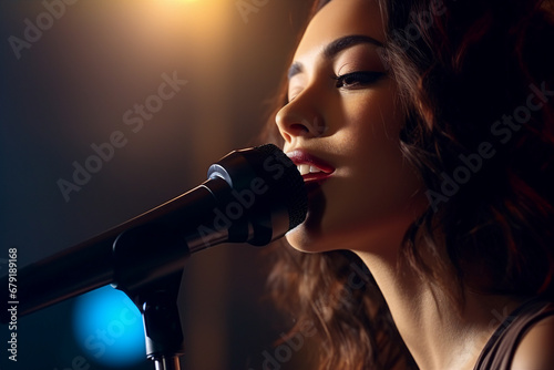 Generative ai modern technology portrait of person on stage using microphone singing song pub bar club