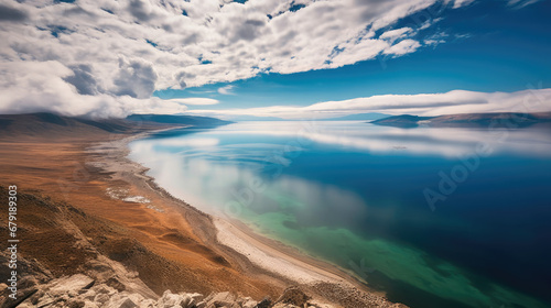 lake in the mountains, Beautiful shore of Baikal lake, cloud over the water.
