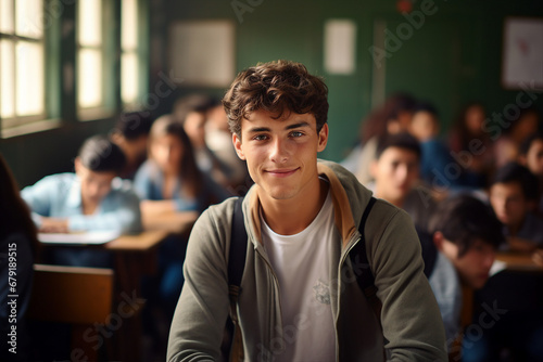Generated by AI photo of happy male brown hair student standing in classroom isolated in educational environment background photo