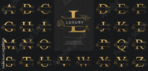 Split letters with luxurious gold flowers logo