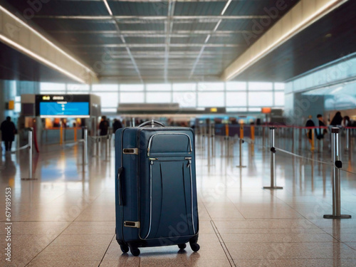 Blue suitcase in the airport terminal. Travel concept. Blurred background.IA generativa