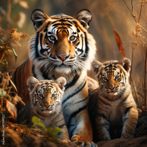 Fotografia con detalle de tigresa con sus crias, en su entorno natural photo