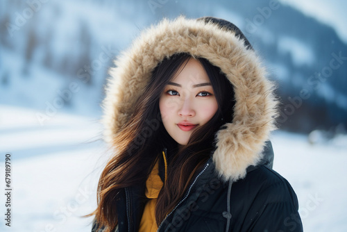 Happy young person wearing warm winter hiking clothes climbing high peak mountain Generative AI picture © Tetiana