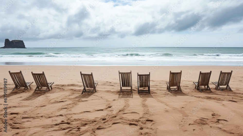 beach chairs on the beach, Empty wooden sun loungers on the sand of the deserted beach facing the sea on a cloudy day.