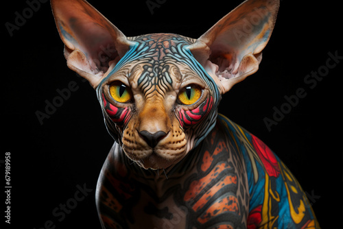 Generated by AI picture modern style sphinx cat with pattern on skin many tattoo