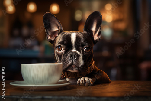 Generative AI portrait image of funny pet animal doggy kitty licking fresh milk in modern cafe © Tetiana
