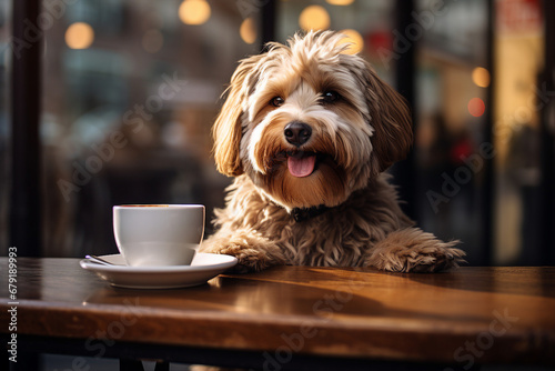Generative AI portrait image of funny pet animal doggy kitty licking fresh milk in modern cafe photo