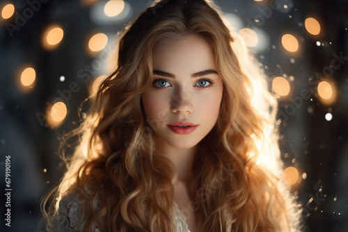 Generative AI portrait of beautiful young woman having walk snowy day Christmas apmosphere lights