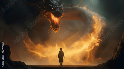 Person infront of a dragon. photo