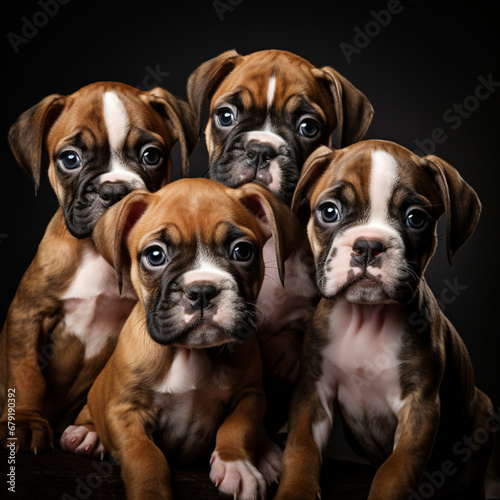 Fotografia de varios cachorros de perro con tonos marrones y blancos