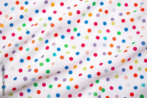 close-up of rainbow polka dots pattern on a white cotton fabric