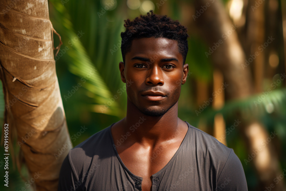 Generative AI image of handsome guy walking in green rainforest exploring nature Generative AI image of handsome guy walking in green rainforest exploring nature