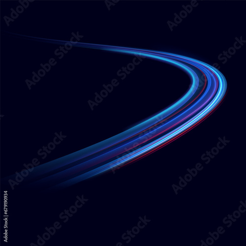 Neon red and blue speed lines. Speed ​​of acceleration and movement. Light trails, motion blur effect. Night illumination in blue and red.