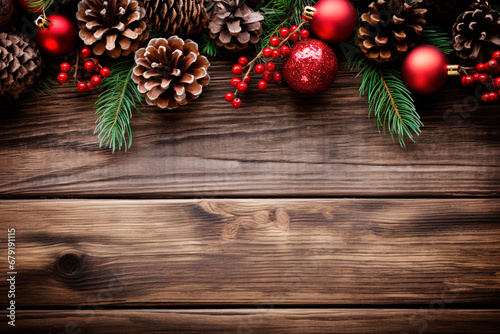 christmas still life decorations on wooden background