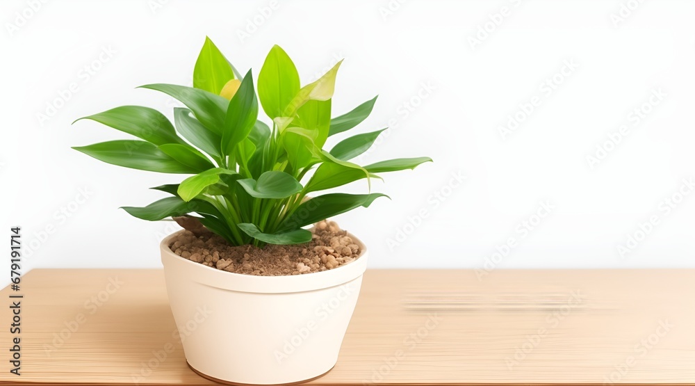 Obraz premium Wooden table, Complemented by a vibrant potted plant blurred white background. Beautiful versatile backdrop for design and product presentation