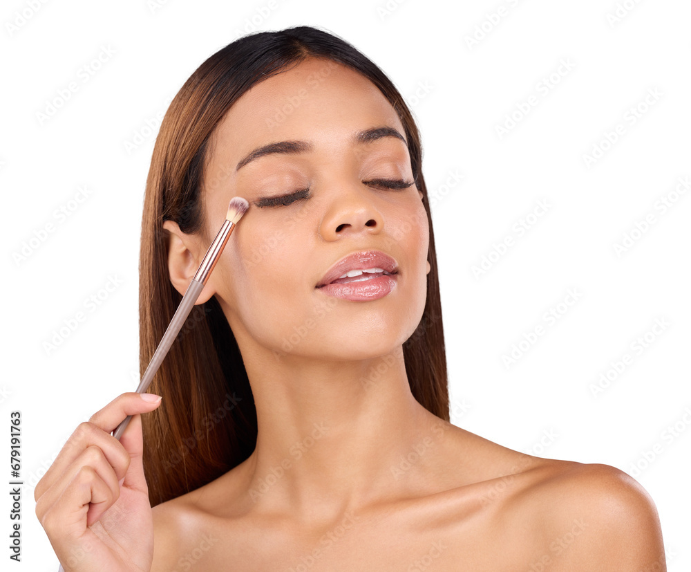Woman, brush and eye shadow application with beauty, change and isolated by transparent png background. Girl, model and tools for skincare, cosmetics and thinking process for facial transformation Woman, brush and eye shadow application with beauty, change and isolated by transparent png background. Girl, model and tools for skincare, cosmetics and thinking process for facial transformation