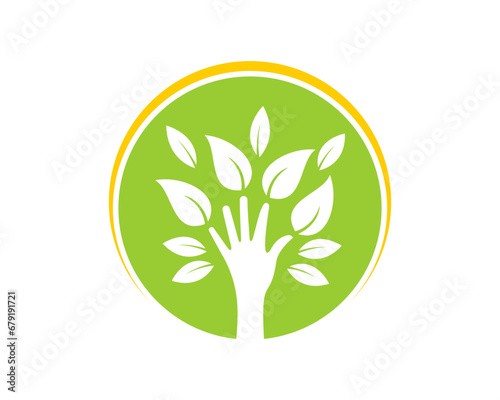 Hand and tree silhouette inside the green circle logo