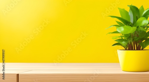 Wooden table  Complemented by a vibrant potted plant blurred background