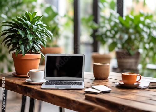 Wooden table with laptop white screen and a cup of coffee, complemented by a vibrant potted plant blurred background. High quality photo.