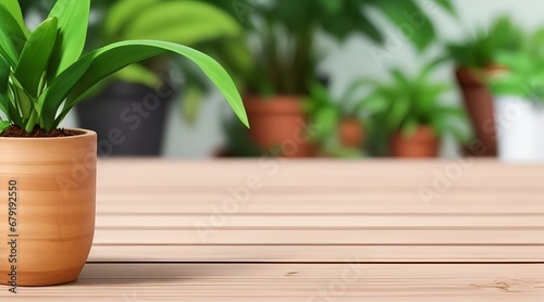 Wooden table, Complemented by a vibrant potted plant blurred background. Beautiful versatile backdrop for design and product presentation